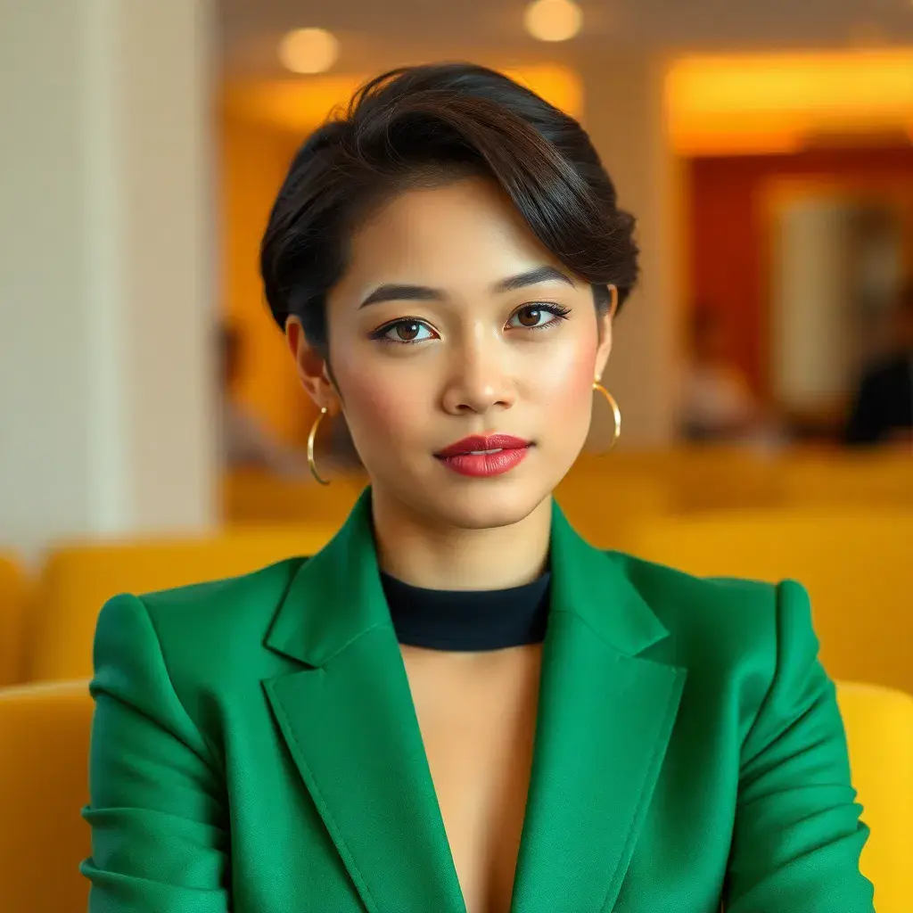 Confident businesswoman on turquoise backdrop